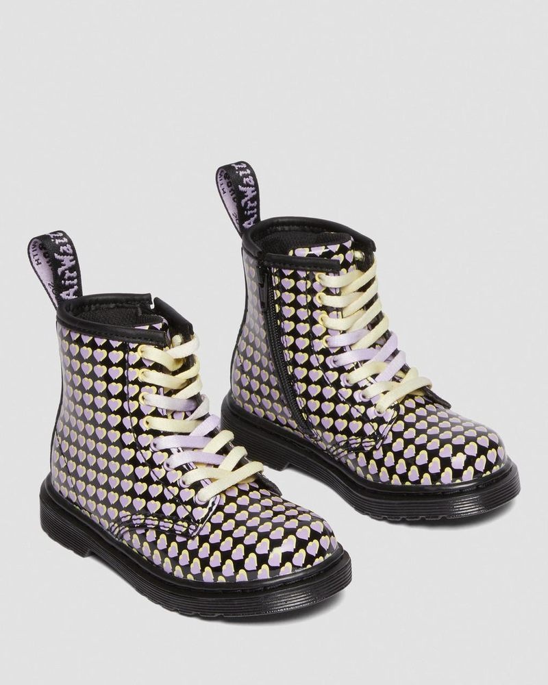 Dr Doc Martens Toddler 1460 Charol Heart Printed Encaje Up Boots (Charol Cuero) Negros | QS54-V4QF