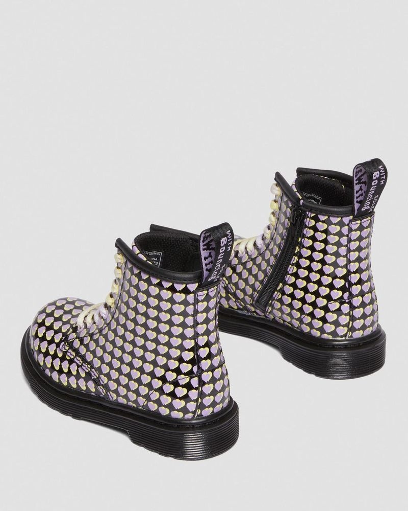 Dr Doc Martens Toddler 1460 Charol Heart Printed Encaje Up Boots (Charol Cuero) Negros | QS54-V4QF