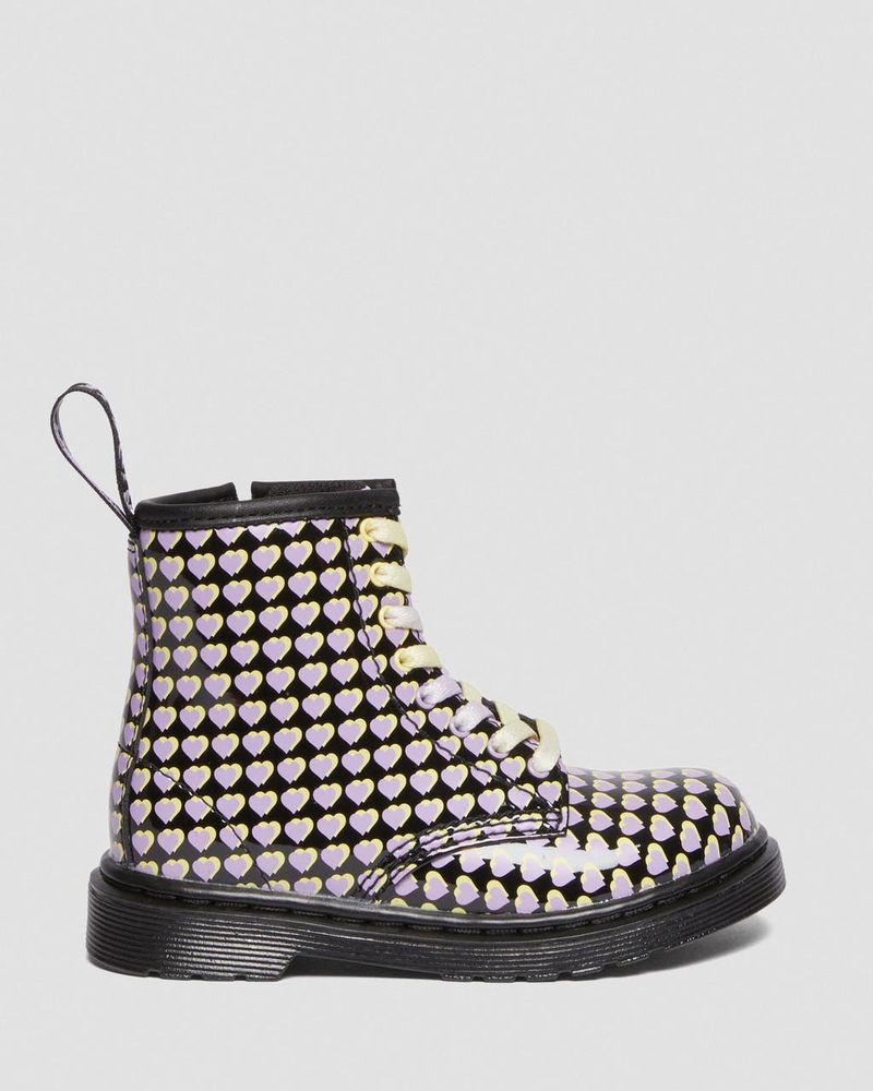 Dr Doc Martens Toddler 1460 Charol Heart Printed Encaje Up Boots (Charol Cuero) Negros | QS54-V4QF