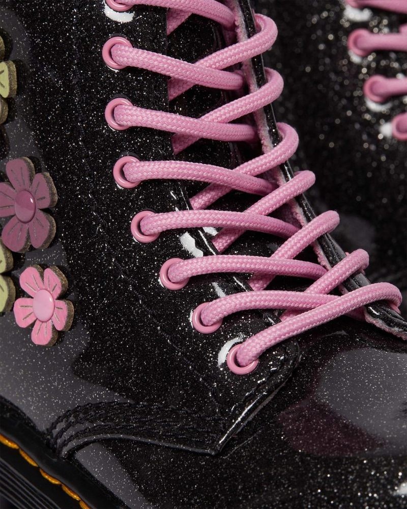 Dr Doc Martens Toddler 1460 Glitter & Flower Applique Encaje Up Boots (Coated Glitter Pu+Athena) Black+Multi | KZ57-F2BY