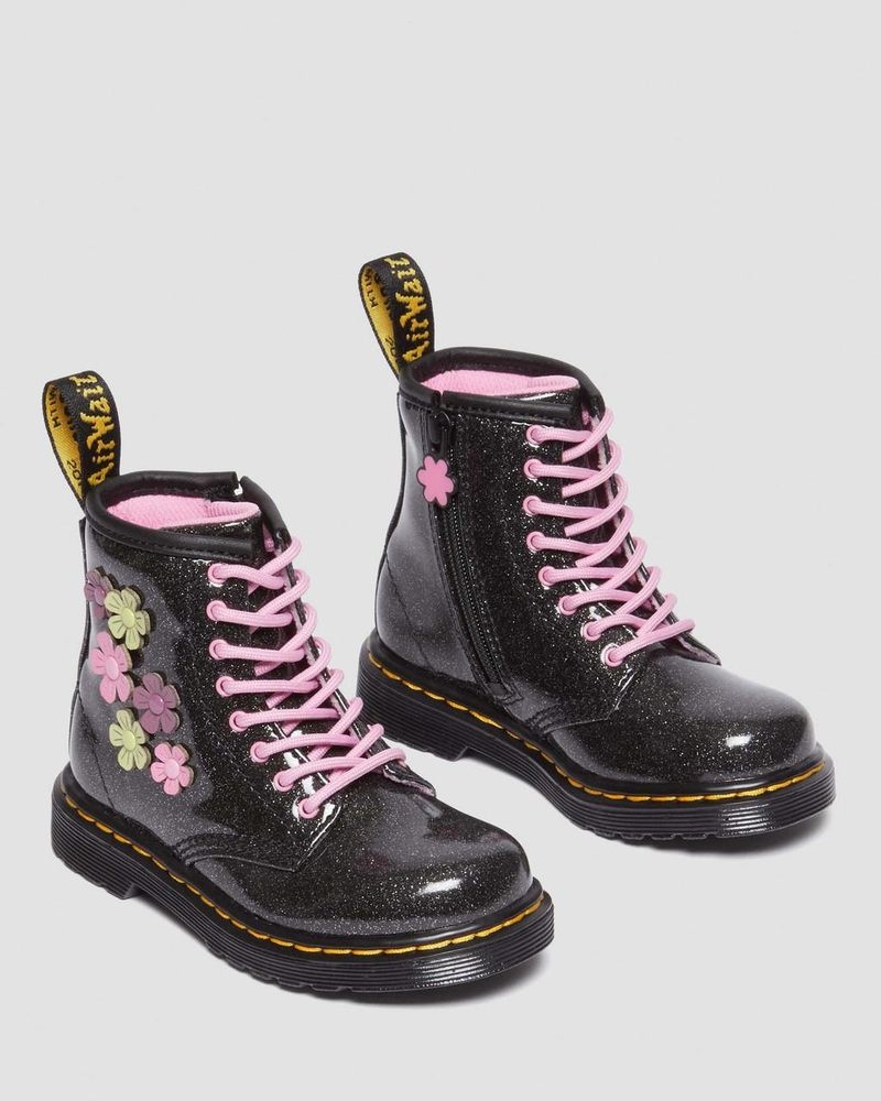 Dr Doc Martens Toddler 1460 Glitter & Flower Applique Encaje Up Boots (Coated Glitter Pu+Athena) Black+Multi | KZ57-F2BY