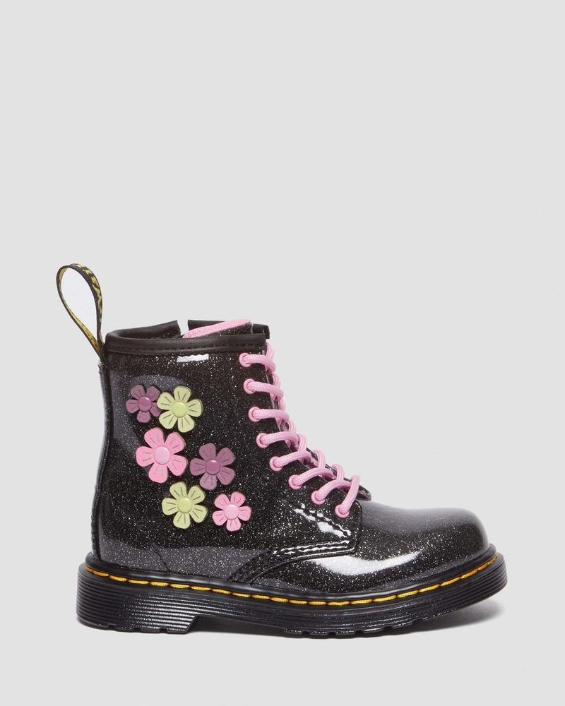 Dr Doc Martens Toddler 1460 Glitter & Flower Applique Encaje Up Boots (Coated Glitter Pu+Athena) Black+Multi | KZ57-F2BY