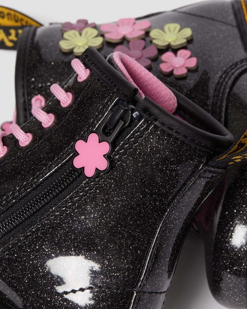 Dr Doc Martens Toddler 1460 Glitter & Flower Applique Encaje Up Boots (Coated Glitter Pu+Athena) Black+Multi | KZ57-F2BY