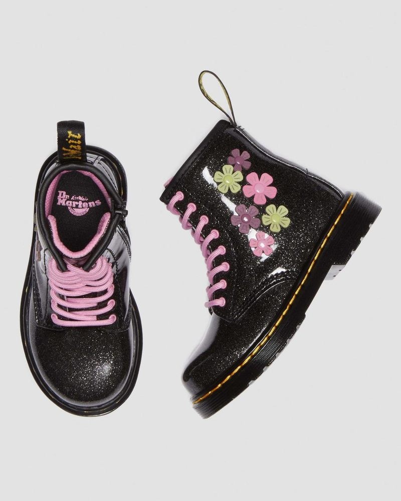 Dr Doc Martens Toddler 1460 Glitter & Flower Applique Encaje Up Boots (Coated Glitter Pu+Athena) Black+Multi | KZ57-F2BY