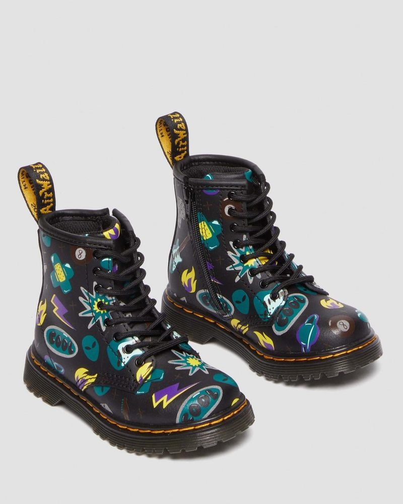 Dr Doc Martens Toddler 1460 Sticker Print Cuero Encaje Up Boots (Sticker Print Hydro) Negros | JV48-E2PG