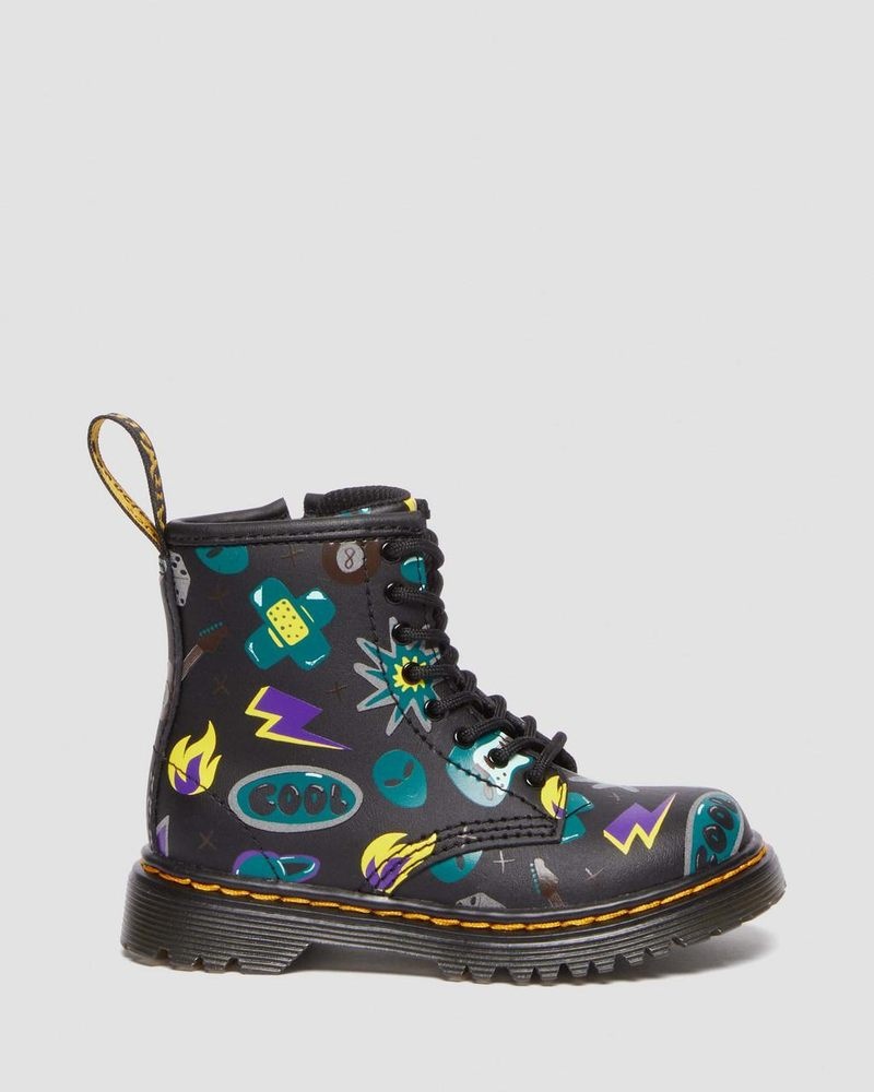 Dr Doc Martens Toddler 1460 Sticker Print Cuero Encaje Up Boots (Sticker Print Hydro) Negros | JV48-E2PG