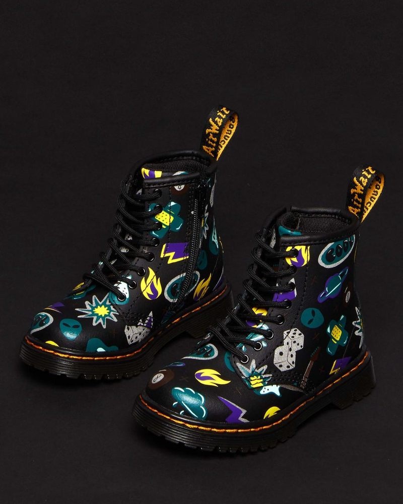 Dr Doc Martens Toddler 1460 Sticker Print Cuero Encaje Up Boots (Sticker Print Hydro) Negros | JV48-E2PG