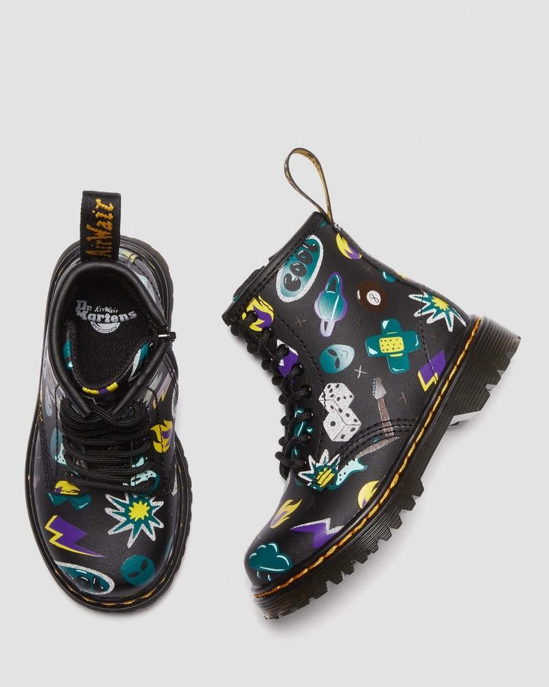 Dr Doc Martens Toddler 1460 Sticker Print Cuero Encaje Up Boots (Sticker Print Hydro) Negros | JV48-E2PG