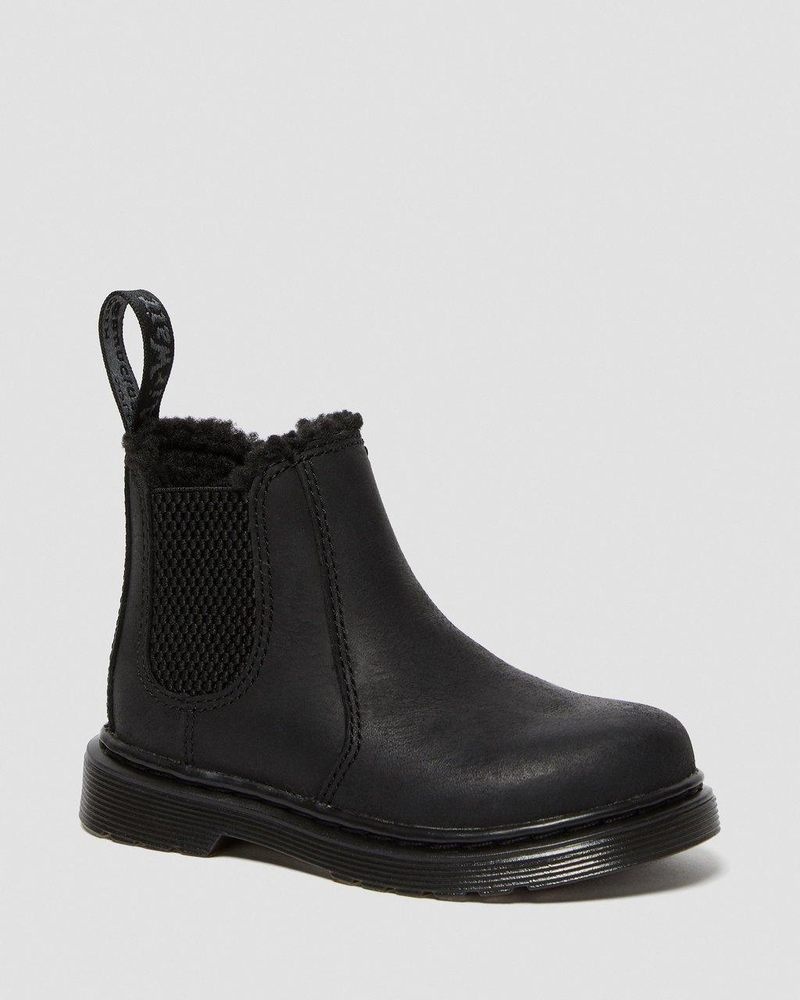 Dr Doc Martens Toddler 2976 Faux Fur Forro Chelsea Boots (Republic Impermeables) Negros | TC72-P3LQ