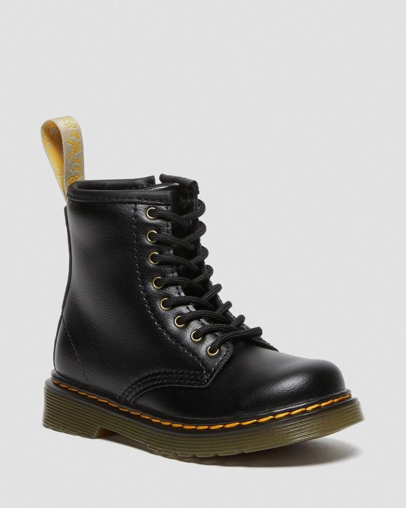 Dr Doc Martens Vegan Toddler 1460 Encaje Up Boots (Newbury Tumble) Negros | SF44-C7BE