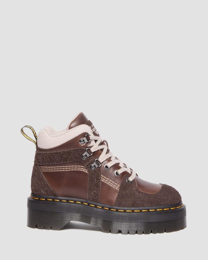 Dr Doc Martens Zuma Cuero & Gamuza Hiker Estilo Boots (Classic Pull Up + Wooly Bully) Marrom Oscuro | CL19-R2BG