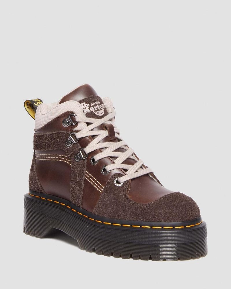 Dr Doc Martens Zuma Cuero & Gamuza Hiker Estilo Boots (Classic Pull Up + Wooly Bully) Marrom Oscuro | CL19-R2BG